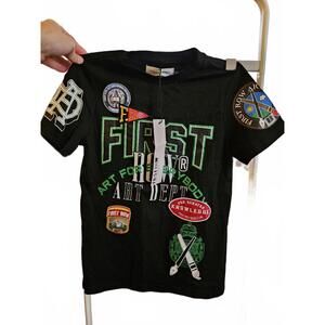 NEW - First Row Youth Medium - Black Short Sleeve NWT T-Shirt - Youth w/patches